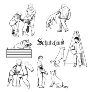 Schutzhund working dog sketches. Illustration of dog trainers using Schutzhund training techniques. Schutzhund dog training concept.