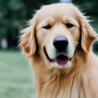 A Golden Retriever dog sits close to the screen in a picturesque green garden.