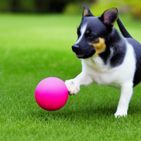 A small dog playing with a toy ball in the backyard.