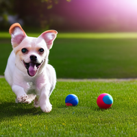 A white puppy caught running in action as he plays with balls on the green grass.