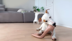 Why do dogs like chewing? A Jack Russell puppy chews on a shoe, holding it between its paws in the living room, exhibiting its chewing behavior.