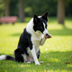 Border Collie sits on the grass, licking its hind paw in a sunny park setting.