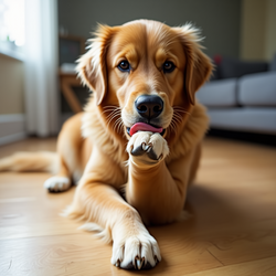 A golden retriever licks its front paw on a wooden floor, showcasing why dogs engage in this behavior. The concept represents why do dogs lick their paws?